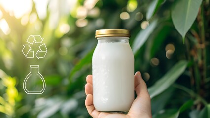 Hand Holding Glass Bottle of Milk with Recycling Icons image photo