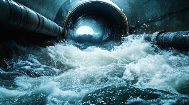 A dynamic image of turbulent water rushing through a concrete tunnel, symbolizing the power of nature and urban infrastructure in a captivating way.