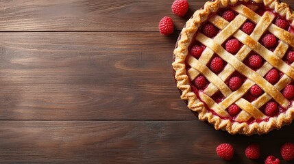 A homemade raspberry pie with a beautifully woven lattice crust is presented on a rustic wooden table, offering a warm and inviting scene of home-baked goodness.