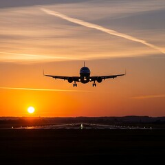 Fototapeta premium Airplane Silhouette Against a Vibrant Sunset Sky.