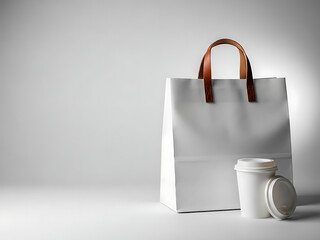 white paper bag with brown handles and coffee cup transparent background