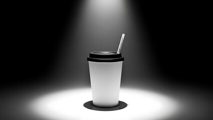 white paper coffee cup with straw and lid on spotlighted stage transparent background
