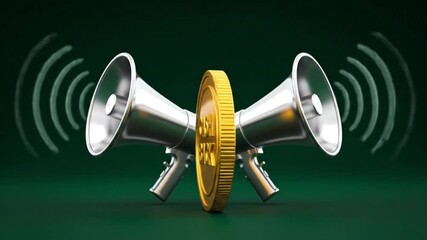 A gold coin with a bitcoin symbol is positioned between two silver megaphones on stands, emitting sound waves against a dark green background with a subtle gradient.