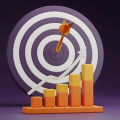 Dart Hitting Bullseye on Target with Growing Bar Chart and Upward Arrow success goal