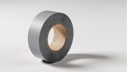 Roll of gray duct tape casting a shadow on white surface.