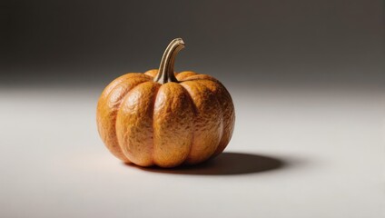 Small decorative pumpkin casting a shadow on a neutral surface.