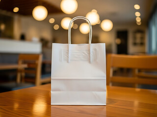 White paper shopping bag on wooden table in cafe transparent background