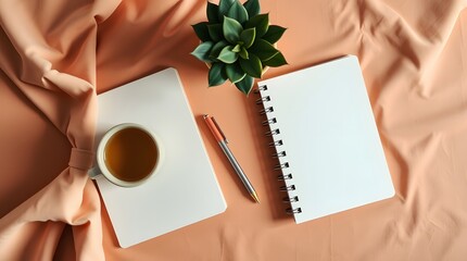 calm morning routine flat lay with blank notebook mockup, coffee and plant