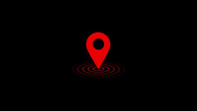 GPS location pointer animated with radio wave, location map pointer with pin icon and location animation on black background for navigation and tracking technology