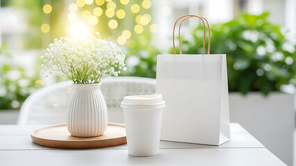 white table with coffee cup and flowers vase and shopping bag transparent background