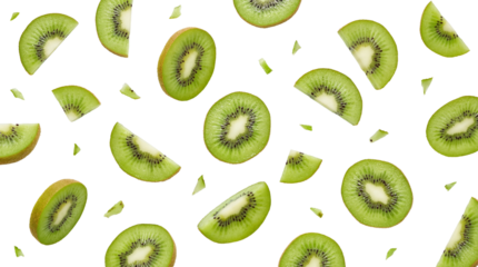 Fresh Green Kiwi Slices and Halves Pattern isolated PNG with Transparent Background