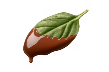 Fresh green basil leaf dipping in melted chocolate, creating a sweet and herbal fusion dessert, with a drop falling