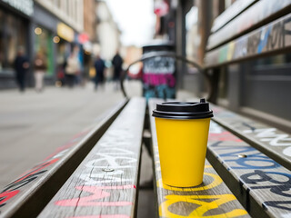 yellow coffee cup on graffiti bench transparent background