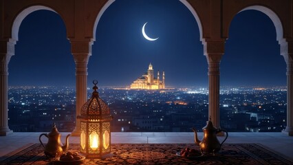 Magical lantern illuminating moonlit cityscape through elegant arches, perfect for travel brochures, fantasy book covers, or mysticalthemed designs.