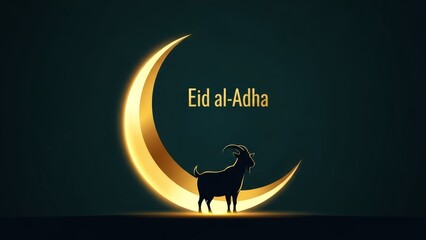 Eid aladha celebration with a golden crescent moon and goat silhouette. Perfect for holiday designs, greeting cards, social media posts.