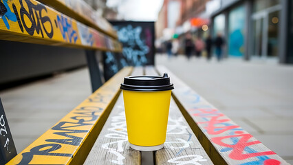 Yellow coffee cup on graffiti covered bench in city transparent background
