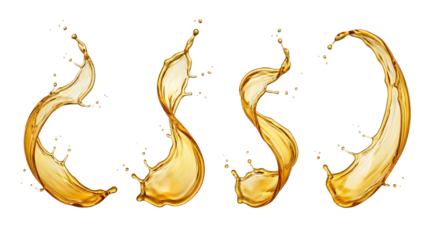 Set of Four Dynamic Golden Liquid Splashes isolated PNG with Transparent Background