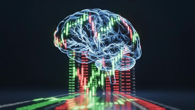 A digital illustration of a brain with colorful neural connections and stock market data streaming down around it, symbolizing business and technology, on a dark background.