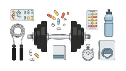 Assortment of essential fitness and health supplies including different pills, a dumbbell, jumping rope, stopwatch, water bottle, and a clean towel.