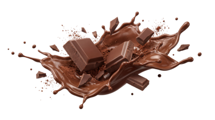 Milk Chocolate Bar Pieces Splashing in Liquid Chocolate Sauce isolated PNG with Transparent Background