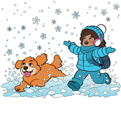 Little Girl Playing With Her Dog in the Snow &ndash; Cute Winter Children&rsquo;s Illustration