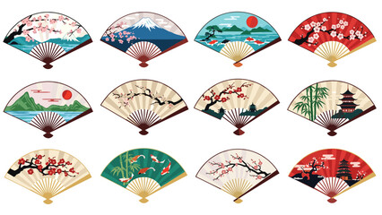 Beautiful assortment of traditional Japanese folding fans, each depicting iconic scenes such as Mount Fuji, cherry blossoms, temples, and koi fish.