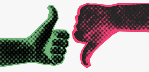 Thumbs up and thumbs down flat hand icons with halftone texture. Like, dislike symbols set, approval and rejection gestures. Vector illustration isolated for web, app UI, social media, feedback design © Anatoliy