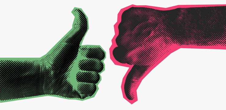 Thumbs up and thumbs down flat hand icons with halftone texture. Like, dislike symbols set, approval and rejection gestures. Vector illustration isolated for web, app UI, social media, feedback design