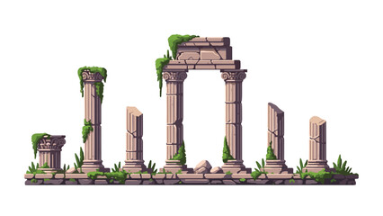 Set of ancient Roman or Greek ruins, showcasing classical columns and weathered stone archways, adorned with green moss and vibrant overgrown grass.
