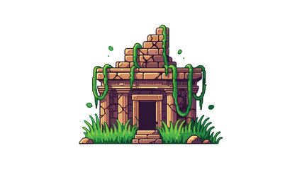 Weathered ancient ruin, resembling a forgotten temple or shrine, intricately covered by lush green vines and surrounded by tall, vibrant grass.