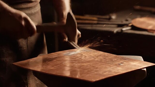 Skilled coppersmith hammers copper sheet creating bright sparks on anvil