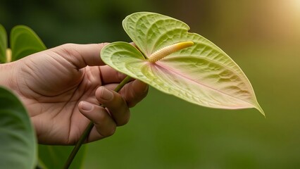 Human hand supporting rare anthurium leaf, soft green background, botanical lifestyle photography for premium plant care branding