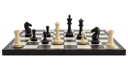 Black and White Wooden Chess Board and Pieces Product Shot isolated PNG with Transparent Background