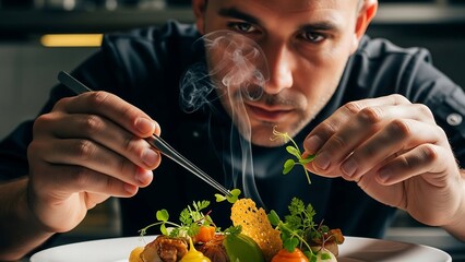 Male cook tossing plant-forward dish in flaming pan, cinematic open kitchen scene, modern culinary lifestyle photography for future food branding