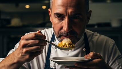Male chef tasting modern comfort food with ceramic spoon, dark contemporary kitchen background, culinary portrait photography for editorial branding