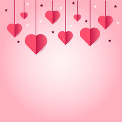Paper cut hearts hanging on strings in a Valentine&rsquo;s Day background template. Romantic layered papercut style vector ideal for love cards, banners, posters, invitations, and holiday marketing designs.
