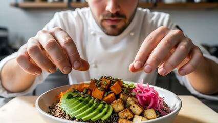 Male cook assembling sustainable gourmet bowl with precision layering, contemporary kitchen background, modern food photography for healthy lifestyle branding