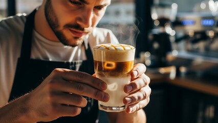 Professional male barista preparing layered iced latte in clear glass, modern coffee bar background, coffee photography for premium caf&eacute; branding