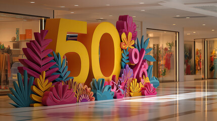 Retail marketing scene with big discount sign showing fifty percent off in shopping mall