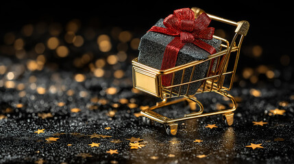 Festive banner featuring golden shopping cart with gift box and sparkling star confetti
