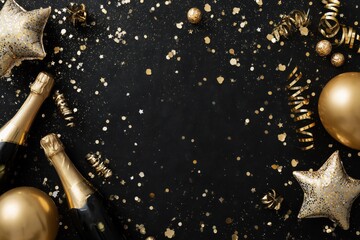 Black Background with Gold Party Decorations, Champagne Bottles, and Confetti for Festive Celebrations