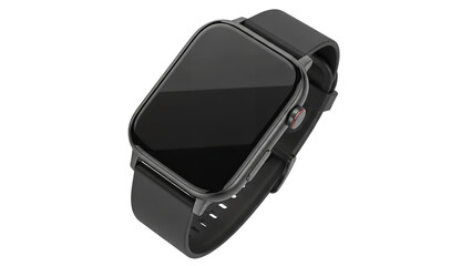 Black wristwatch displaying time, utilizing dark band