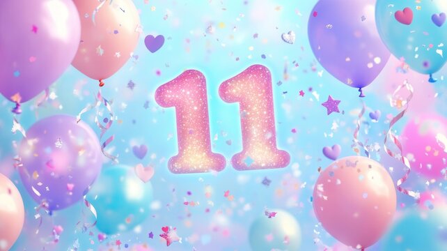 Sparkling number eleven a pastel background with flying balloons, heart shapes, party and colorful confetti