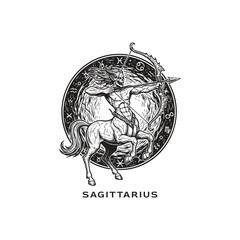 Zodiac Sagittarius sign illustration featuring a centaur archer with a bow and arrow in a vintage woodcut engraving style.