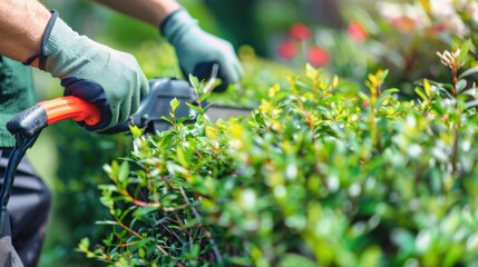 A man trims a green hedge using electric shears. He wears gloves and focuses on shaping the plants. The background features blurred flowers and greenery.