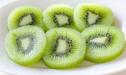 Fototapeta premium Fresh kiwi fruit slices on white plate macro close up