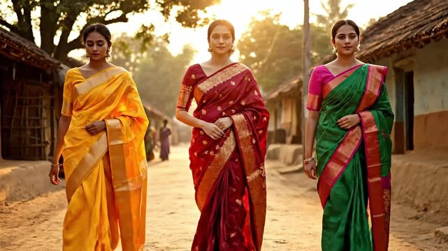 Three Indian Women in Traditional Sarees Walking in Village