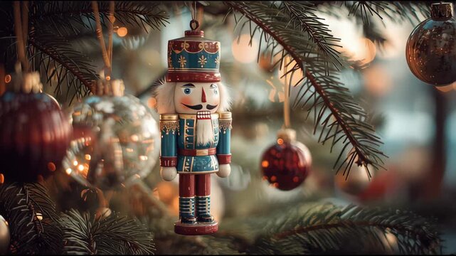 Wooden nutcracker soldier ornament hangs on a Christmas tree surrounded by festive decorations, baubles, shimmer, and garlands.