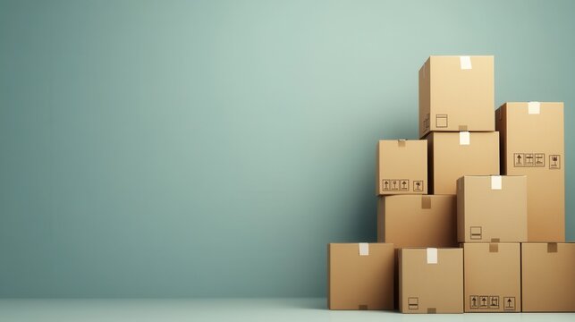 tower stacked cardboard boxes beside wall, warehouse fulfillment scene for retailer logistics, strong vertical composition with shipping labels and protective tape, industrial green backdrop