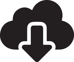 Obraz premium Cloud download icon technology illustration, Simple black cloud with downward arrow icon representing cloud storage, data download, online backup, and digital file transfer concepts.